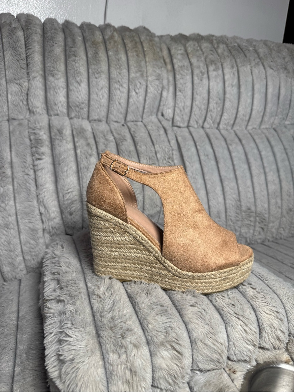 Women's Tan Suede Espadrille Wedge Sandals with Ankle Strap